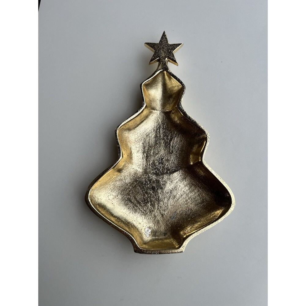 Indian Artisan Brass Christmas Tree Serving Plate Cookie Plate 14" Holiday Decor